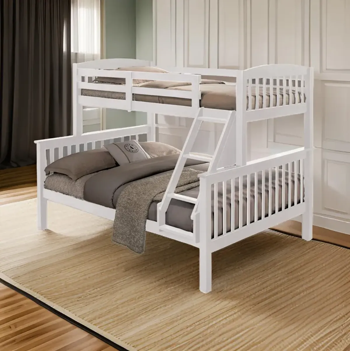 Bruke Twin/Full Size Bunk Bed with Ladder, Slatted White Solid Hardwood