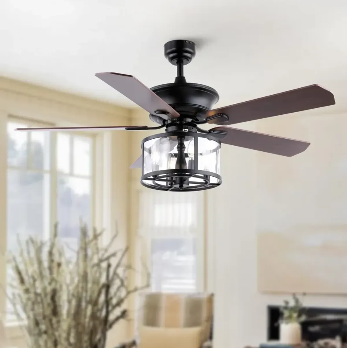 Braxton 4-Light Farmhouse Industrial Iron Drum Shade LED Ceiling Fan With Remote