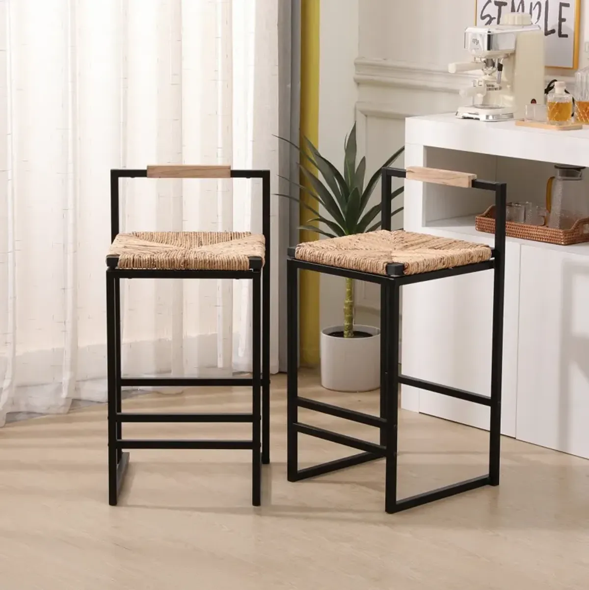 Water Hyacinth Woven Bar Stools with Back Support