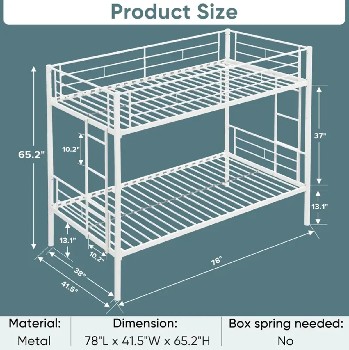 Metal Twin Bunk Bed with Safety Rails, White