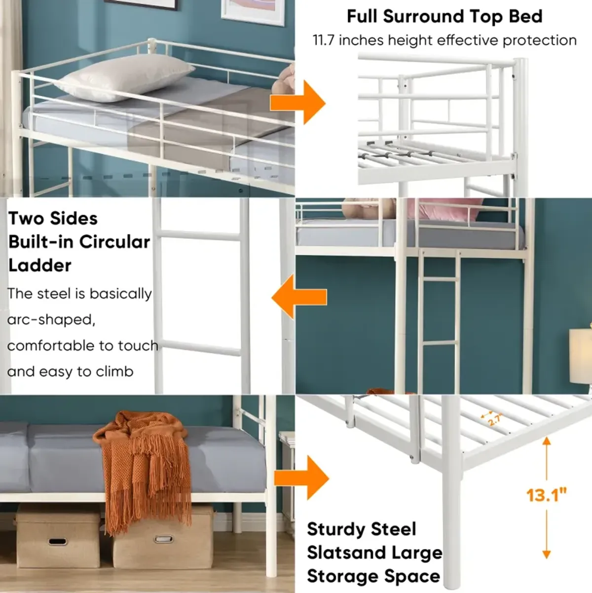 Metal Twin Bunk Bed with Safety Rails, White