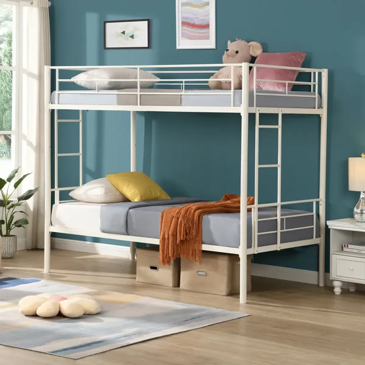 Metal Twin Bunk Bed with Safety Rails, White