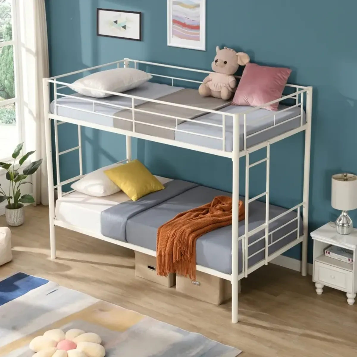 Metal Twin Bunk Bed with Safety Rails, White