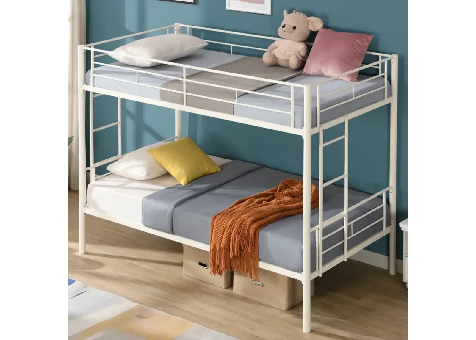 Metal Twin Bunk Bed with Safety Rails, White