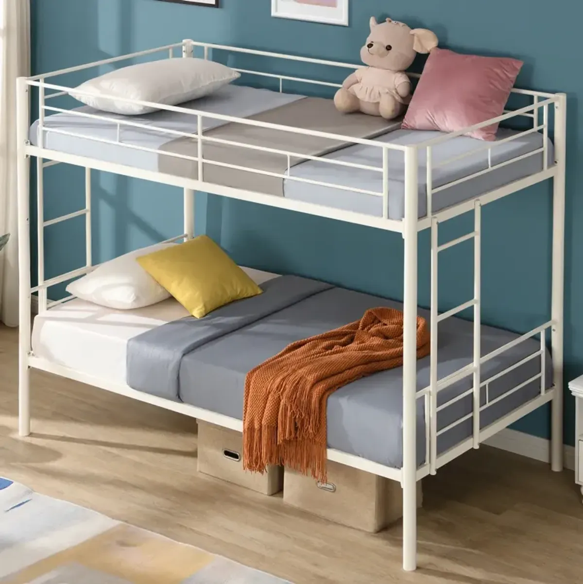 Metal Twin Bunk Bed with Safety Rails, White