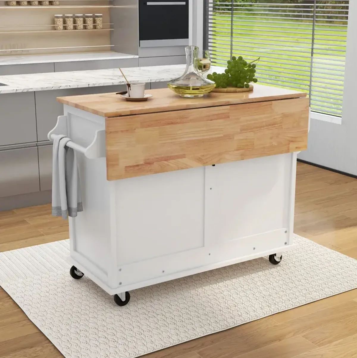 White Kitchen Cart with Drop-Leaf Countertop