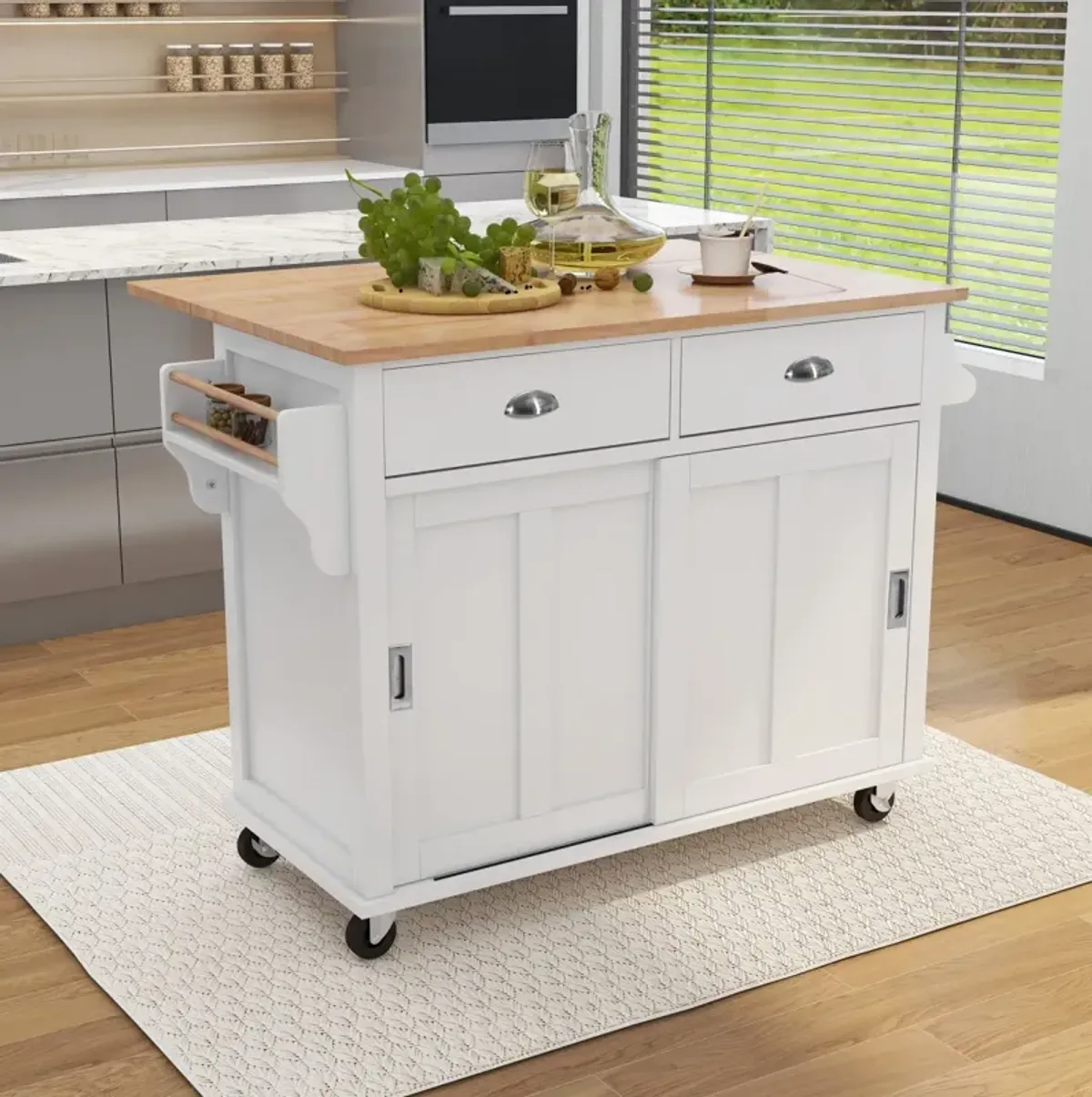 White Kitchen Cart with Drop-Leaf Countertop