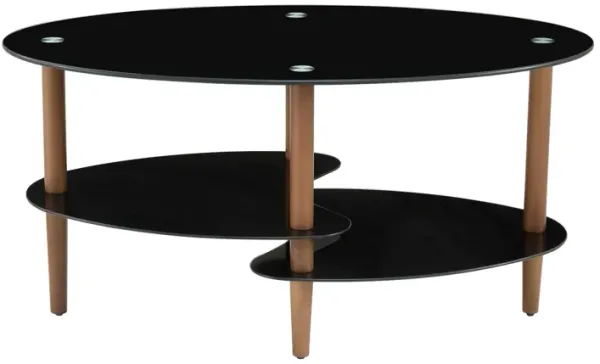 Black Oval Glass Coffee Table, Modern Table in Living Room Oak Wood Leg Tea Table 3-layer Glass Table