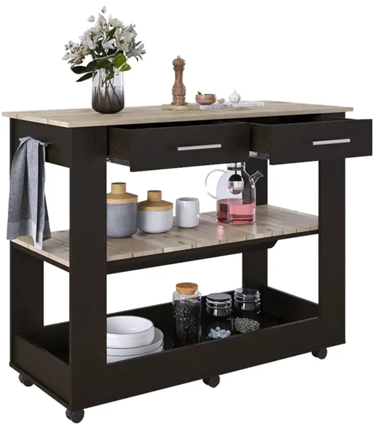 Kitchen Island 46 Inches Dozza, Kitchen, Black / Light Oak