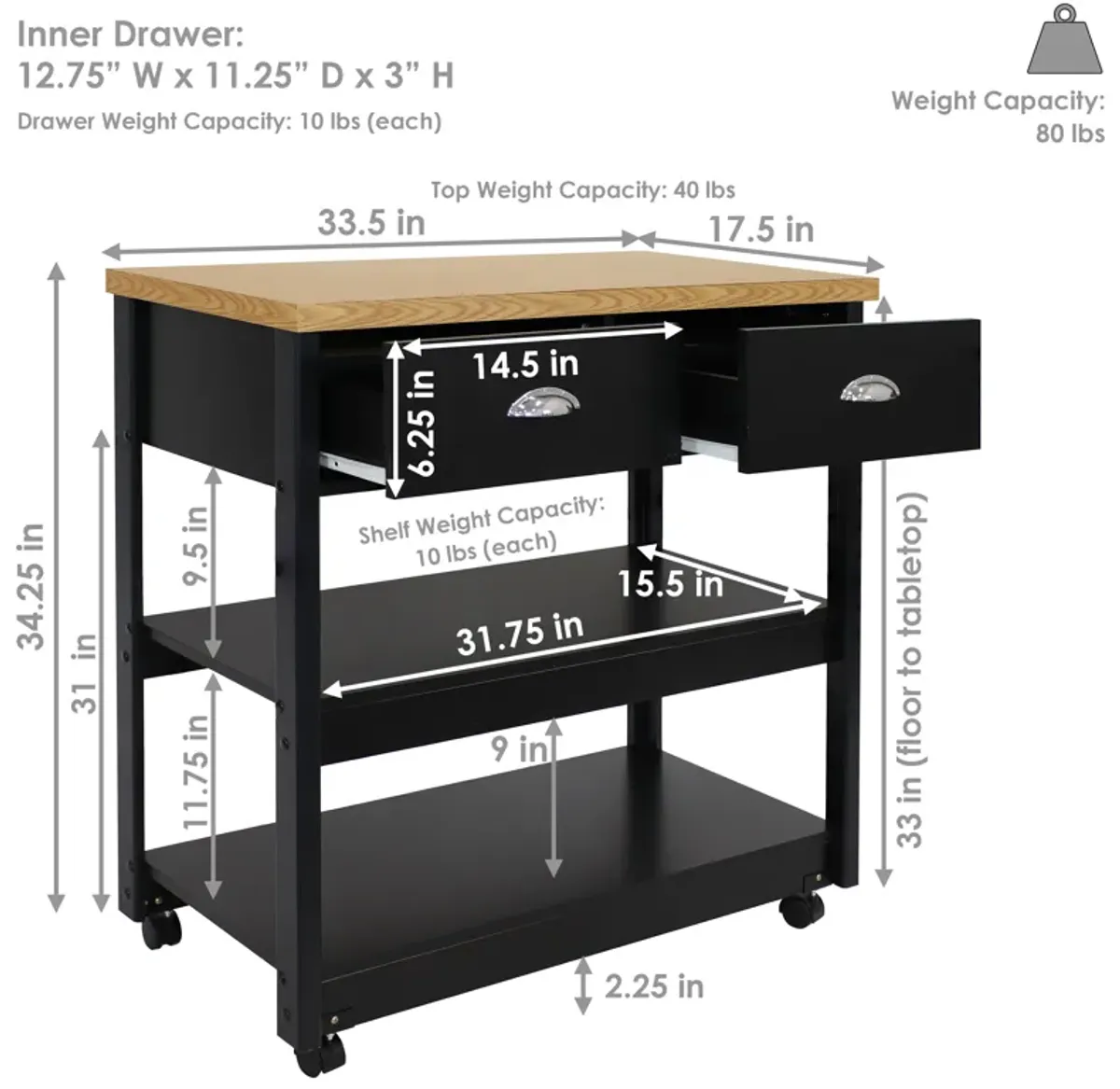 Sunnydaze Farmhouse Kitchen Cart with Drawers and Shelves - Black - 34.25in