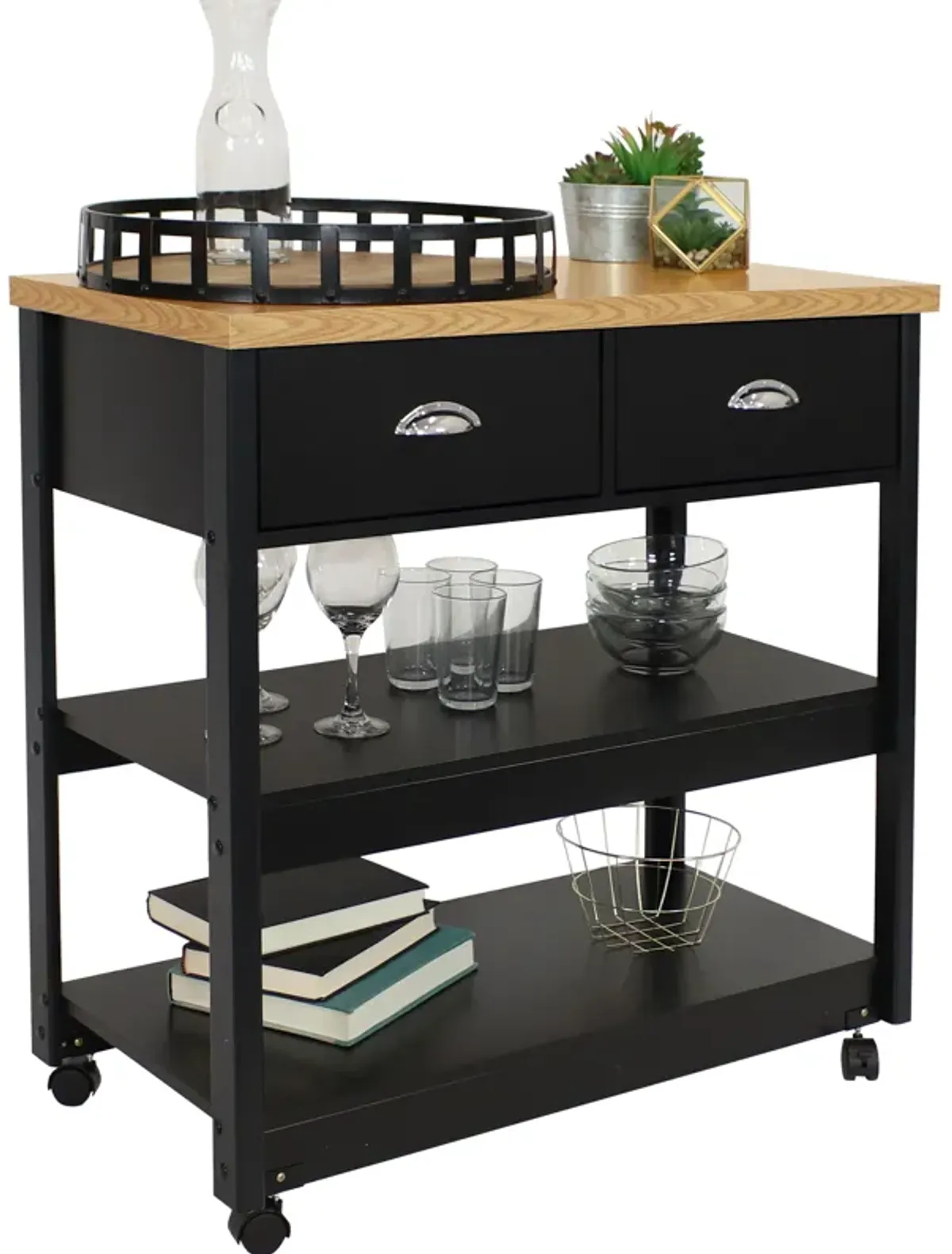 Sunnydaze Farmhouse Kitchen Cart with Drawers and Shelves - Black - 34.25in