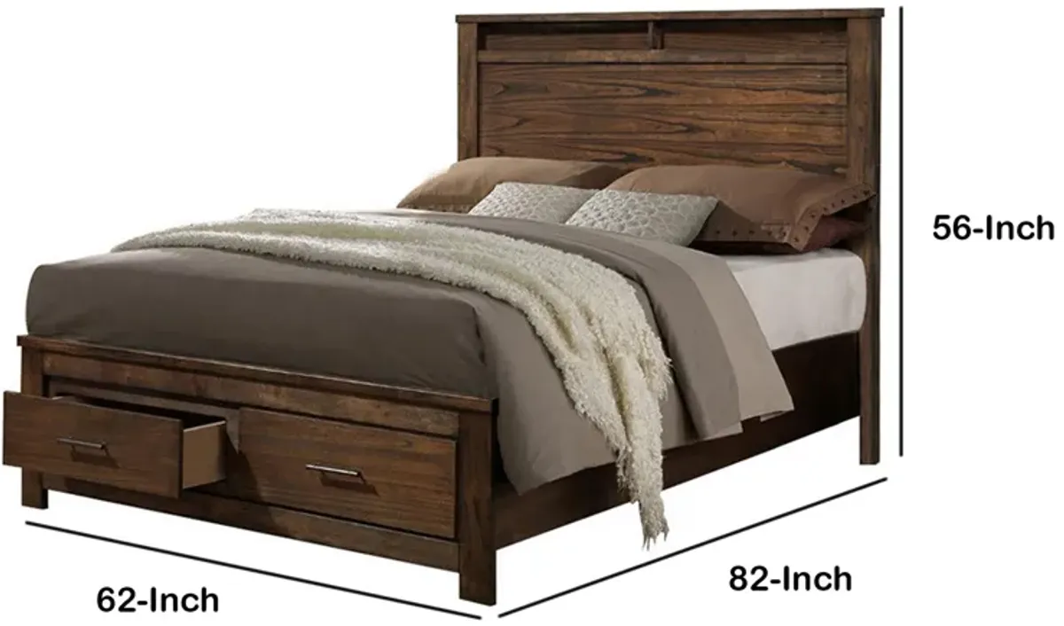 Enchanting Wooden Queen Bed With Display And Storage Drawers, Oak Finish-Benzara