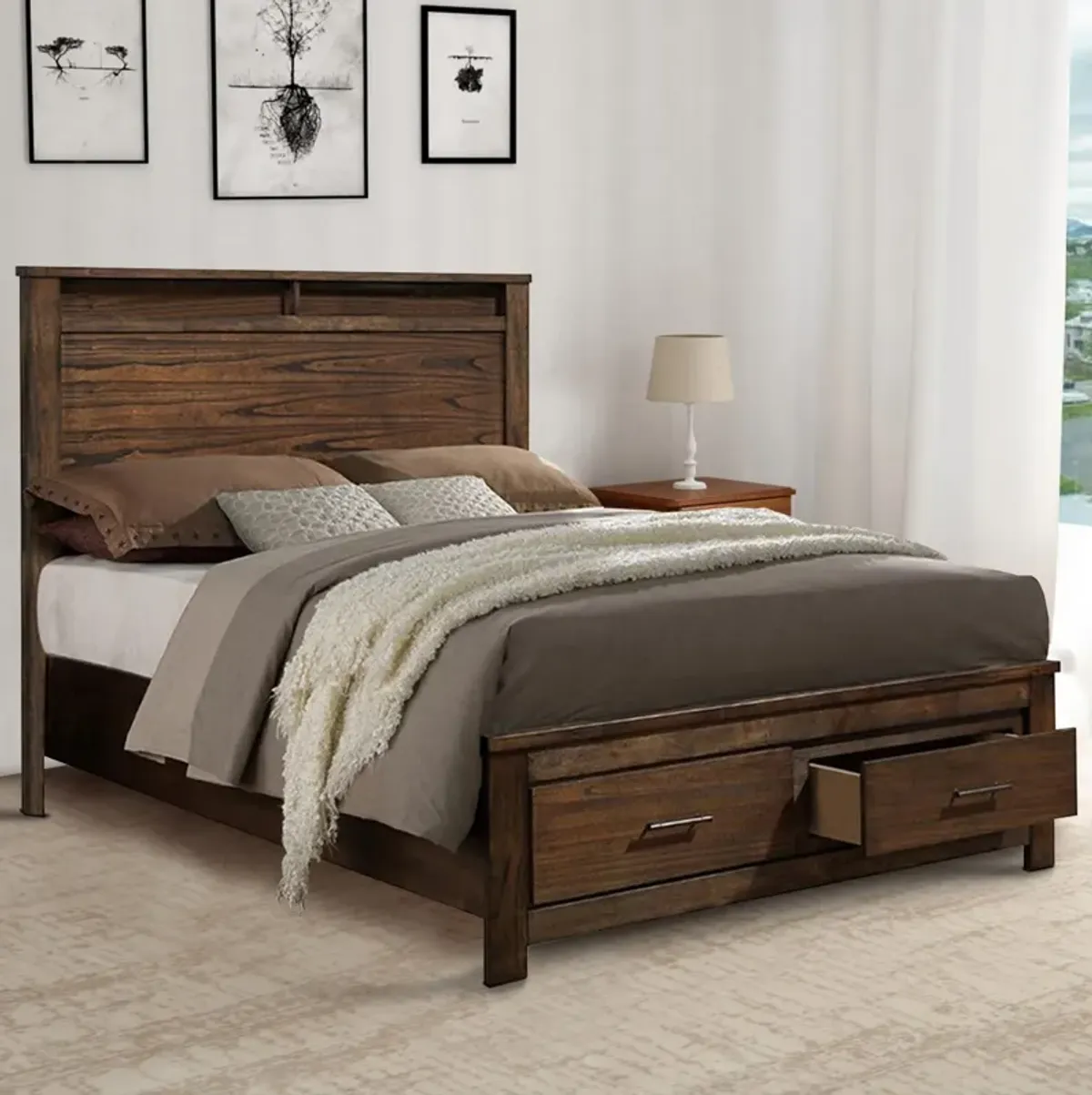 Enchanting Wooden Queen Bed With Display And Storage Drawers, Oak Finish-Benzara