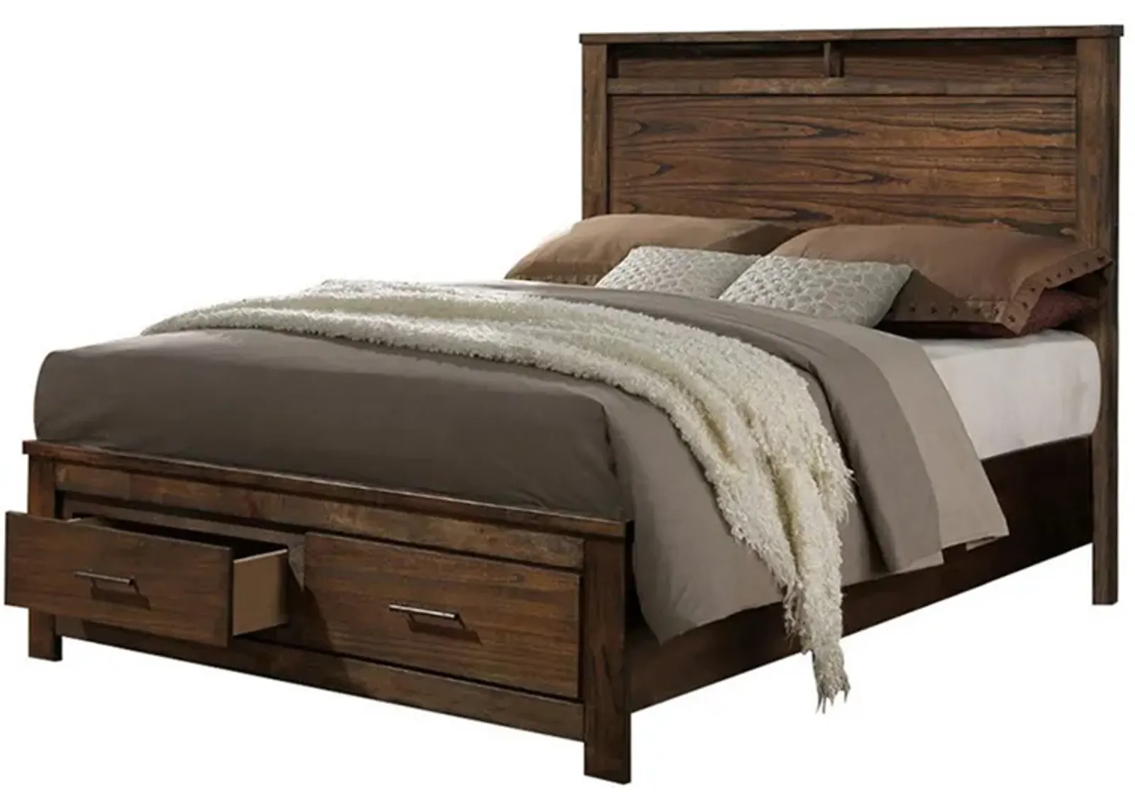 Enchanting Wooden Queen Bed With Display And Storage Drawers, Oak Finish-Benzara