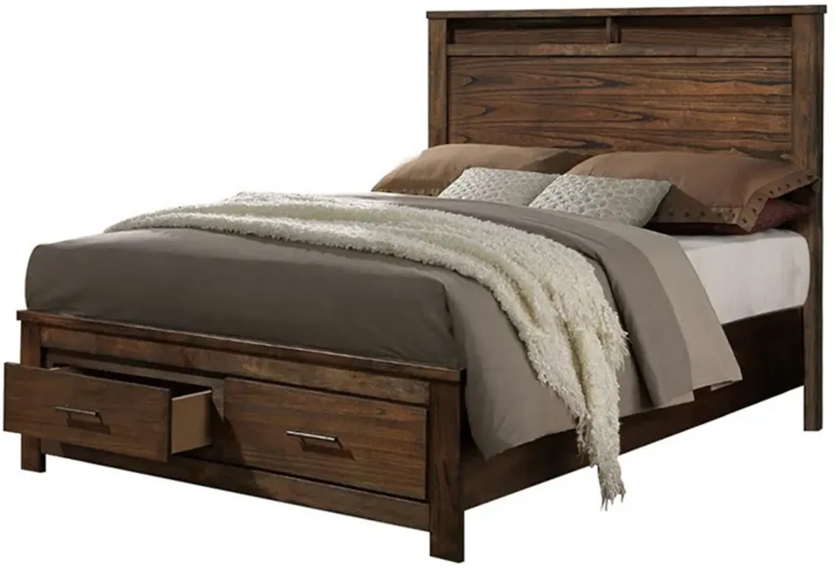 Enchanting Wooden Queen Bed With Display And Storage Drawers, Oak Finish-Benzara