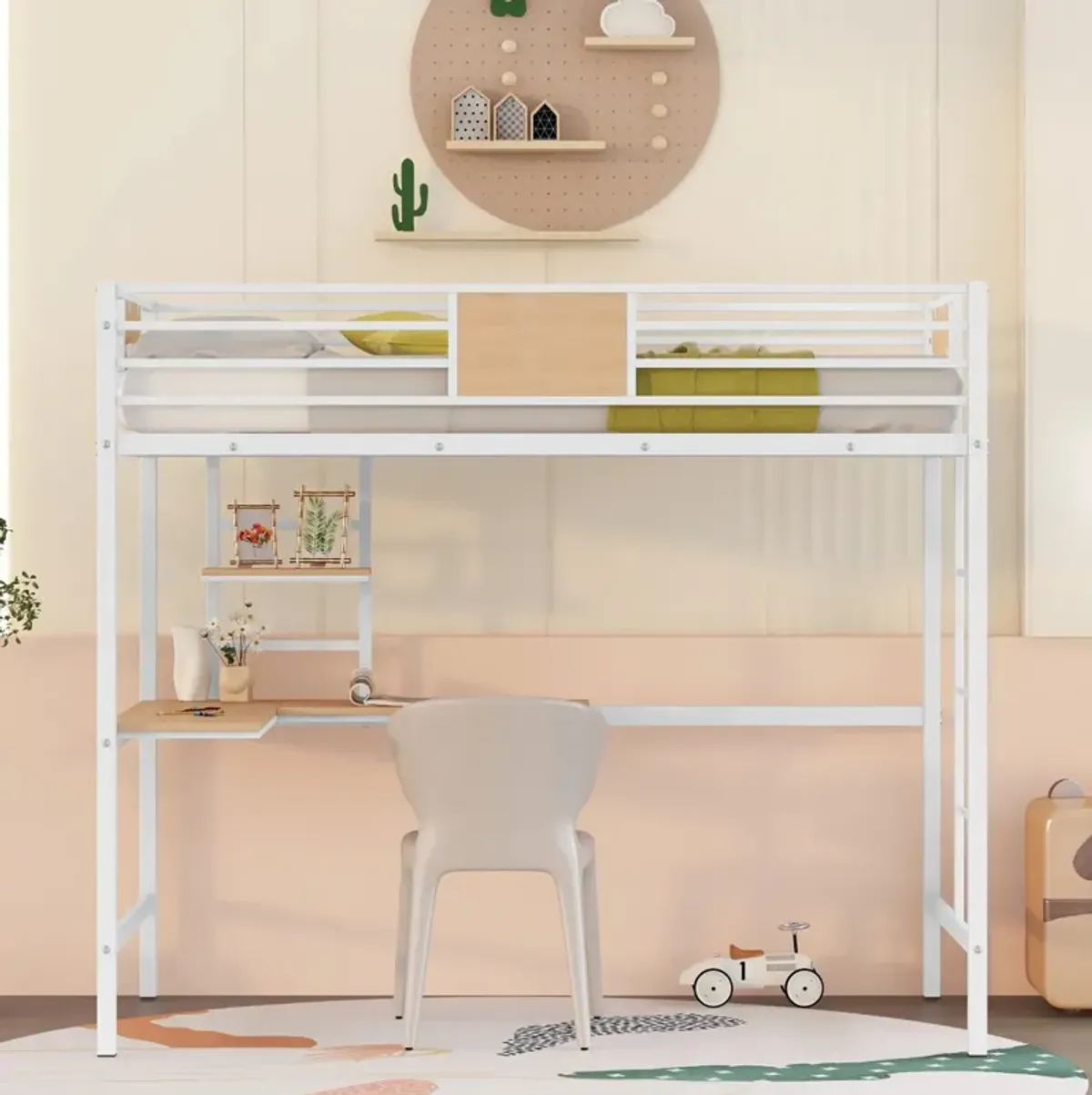 Twin Metal Loft Bed with Desk and Shelves