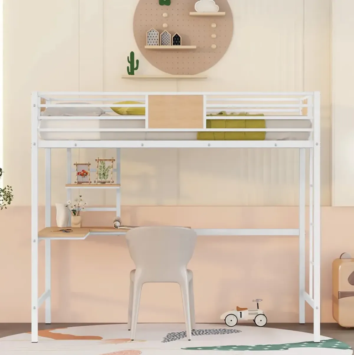 Twin Metal Loft Bed with Desk and Shelves