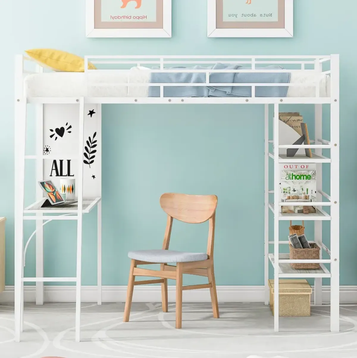 Twin Loft Bed with Shelves, Desk & Whiteboard