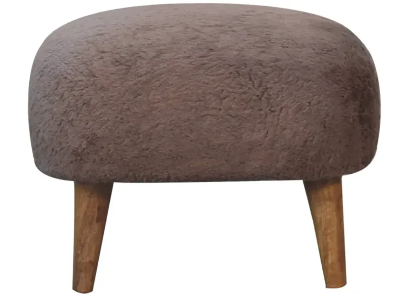 Mocha Faux Fur Upholstered Solid Wood Square Stool