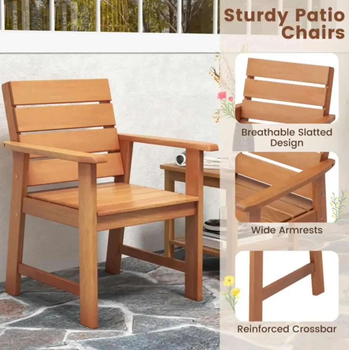 Hivvago 2 Piece Patio Hardwood Chair with Slatted Seat and Inclined Backrest