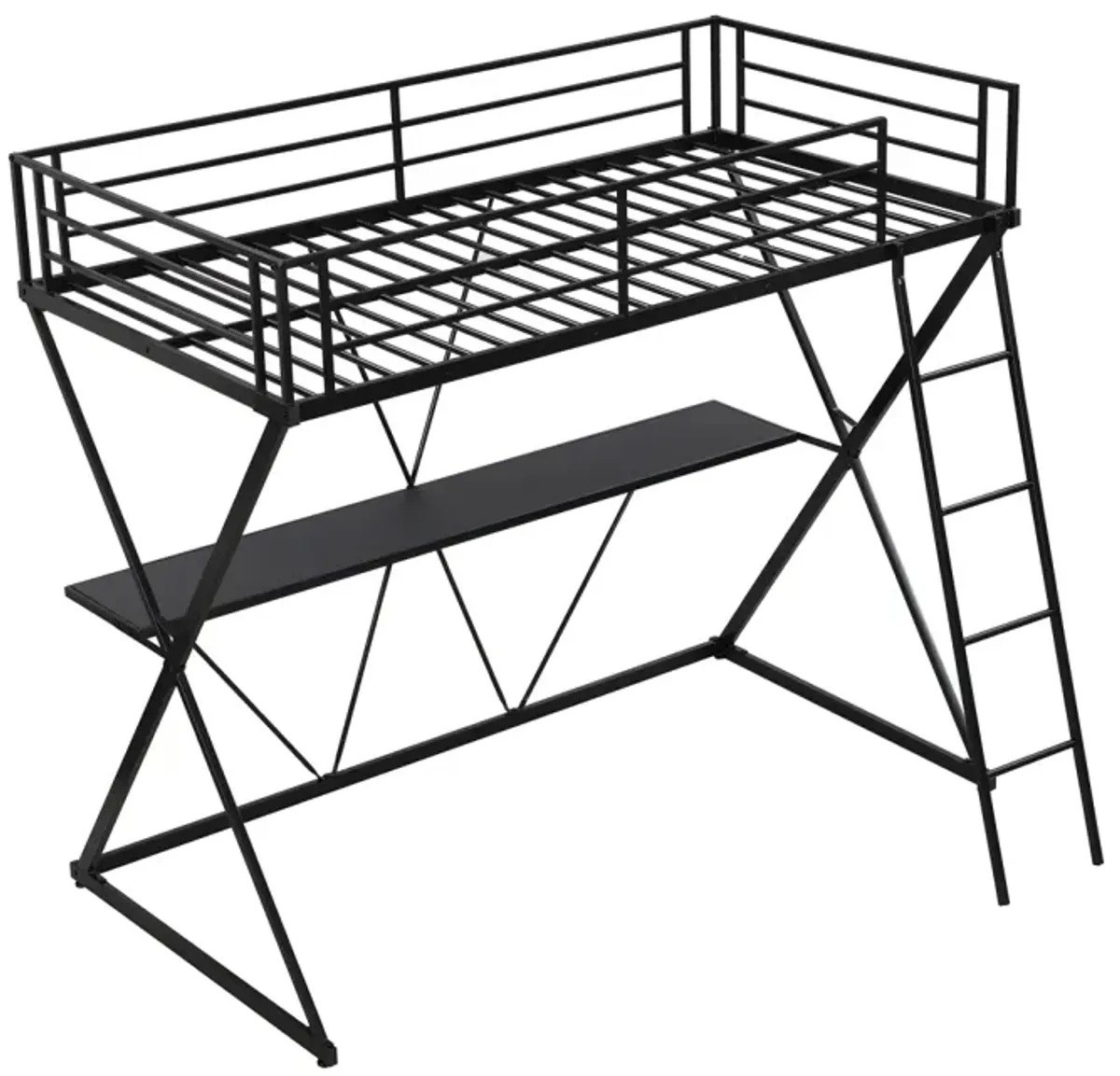 Twin Size Loft Bed With Desk, Ladder And Full-Length Guardrails, X-Shaped Frame