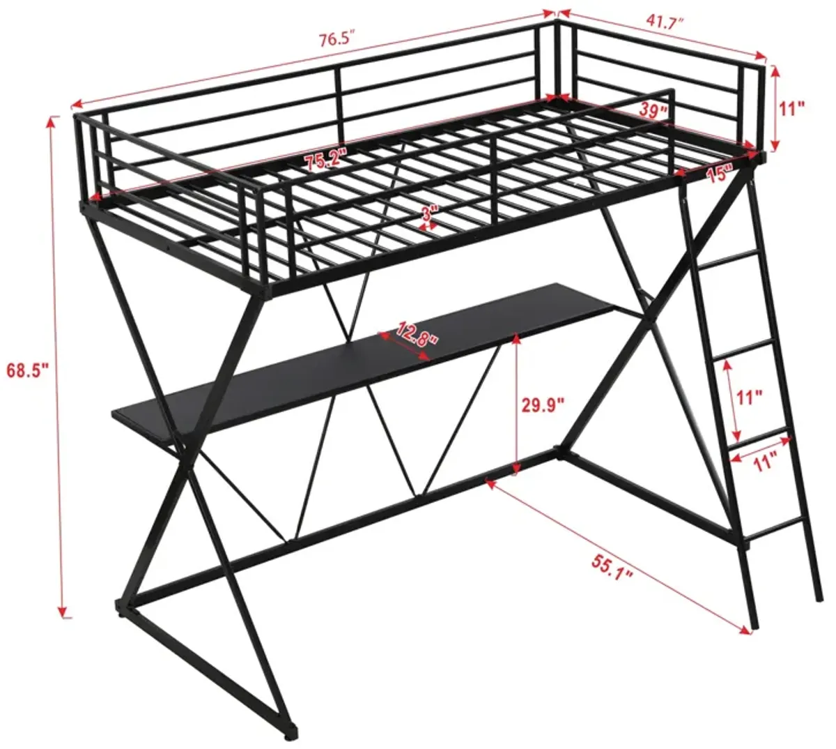 Twin Size Loft Bed With Desk, Ladder And Full-Length Guardrails, X-Shaped Frame