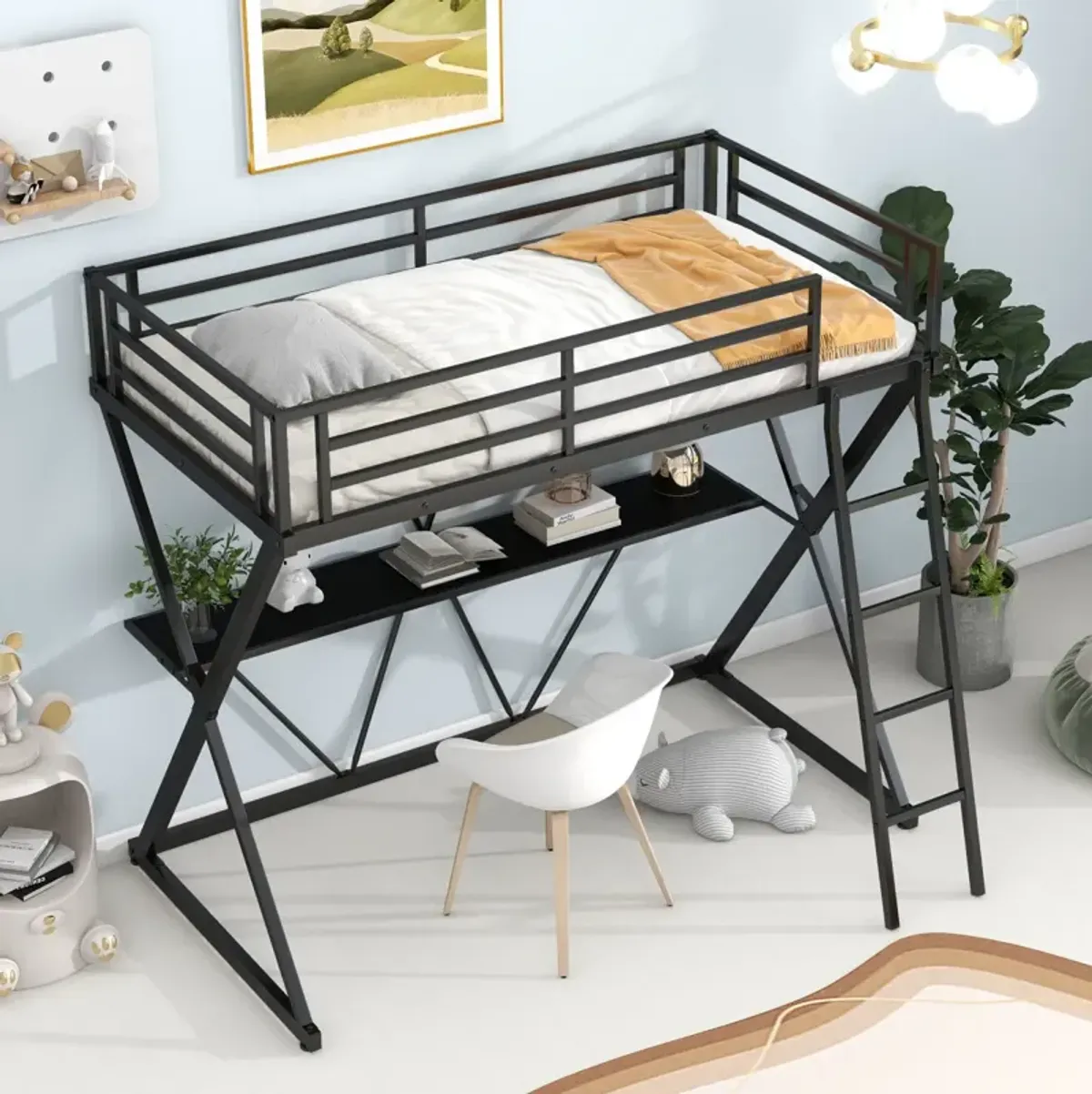 Twin Size Loft Bed With Desk, Ladder And Full-Length Guardrails, X-Shaped Frame