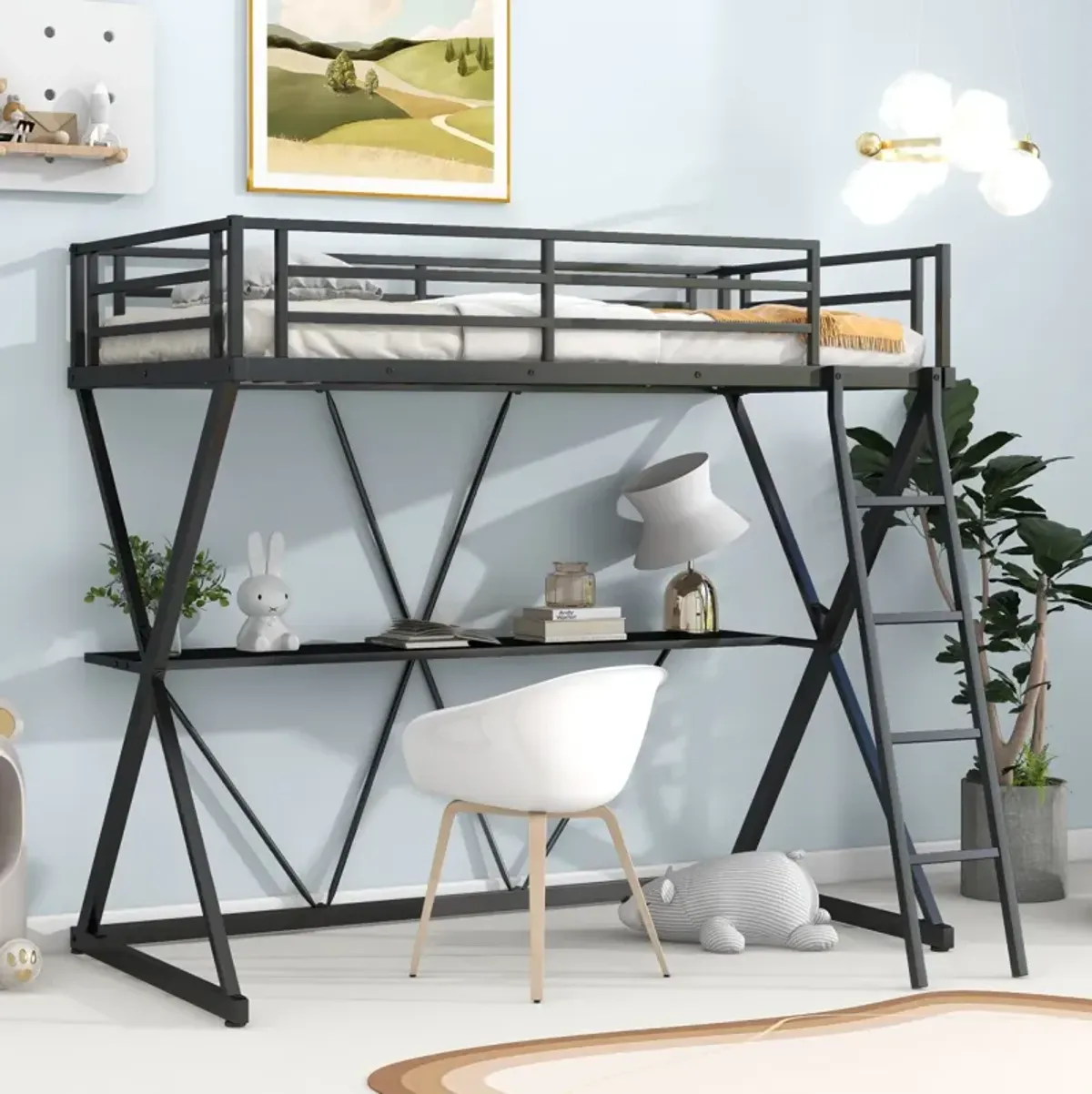 Twin Size Loft Bed With Desk, Ladder And Full-Length Guardrails, X-Shaped Frame