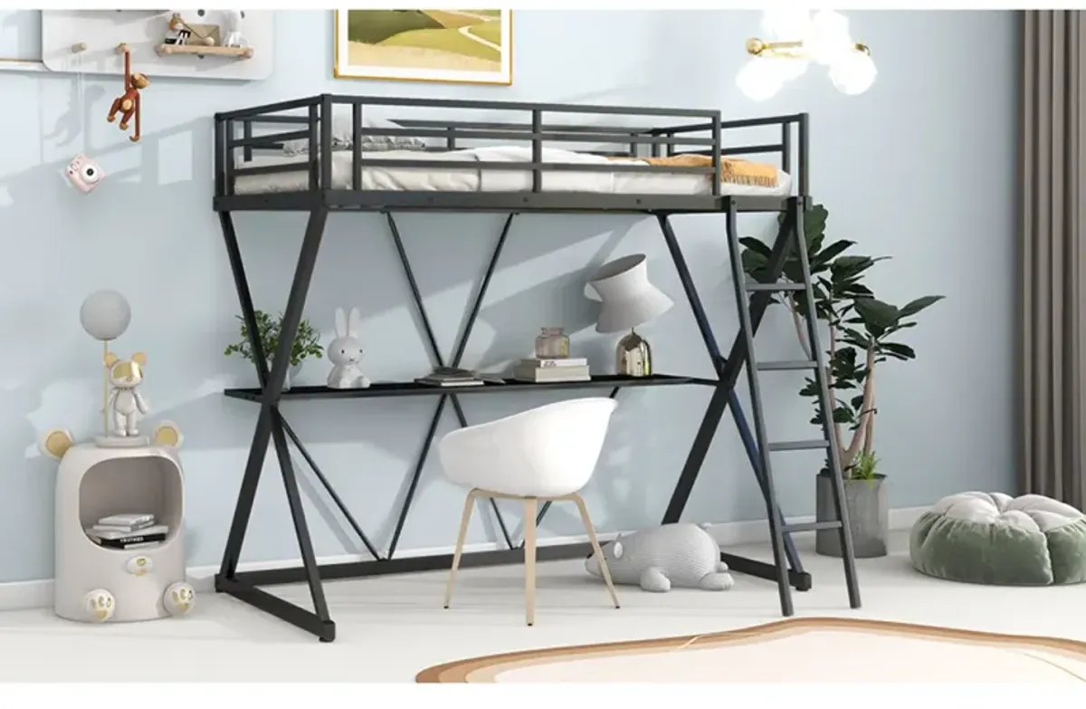 Twin Size Loft Bed With Desk, Ladder And Full-Length Guardrails, X-Shaped Frame