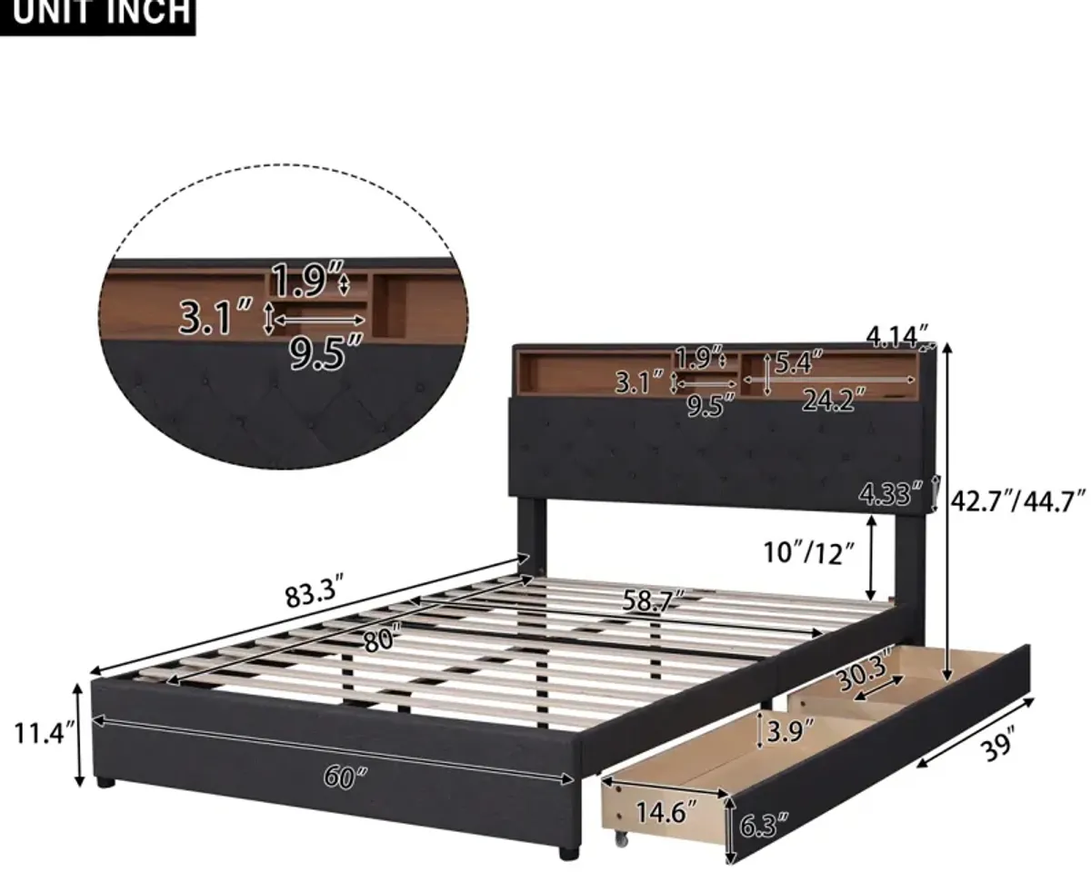 Queen Size Upholstered Platform Bed With Storage Headboard, Led, USB Charging And 2 Drawers