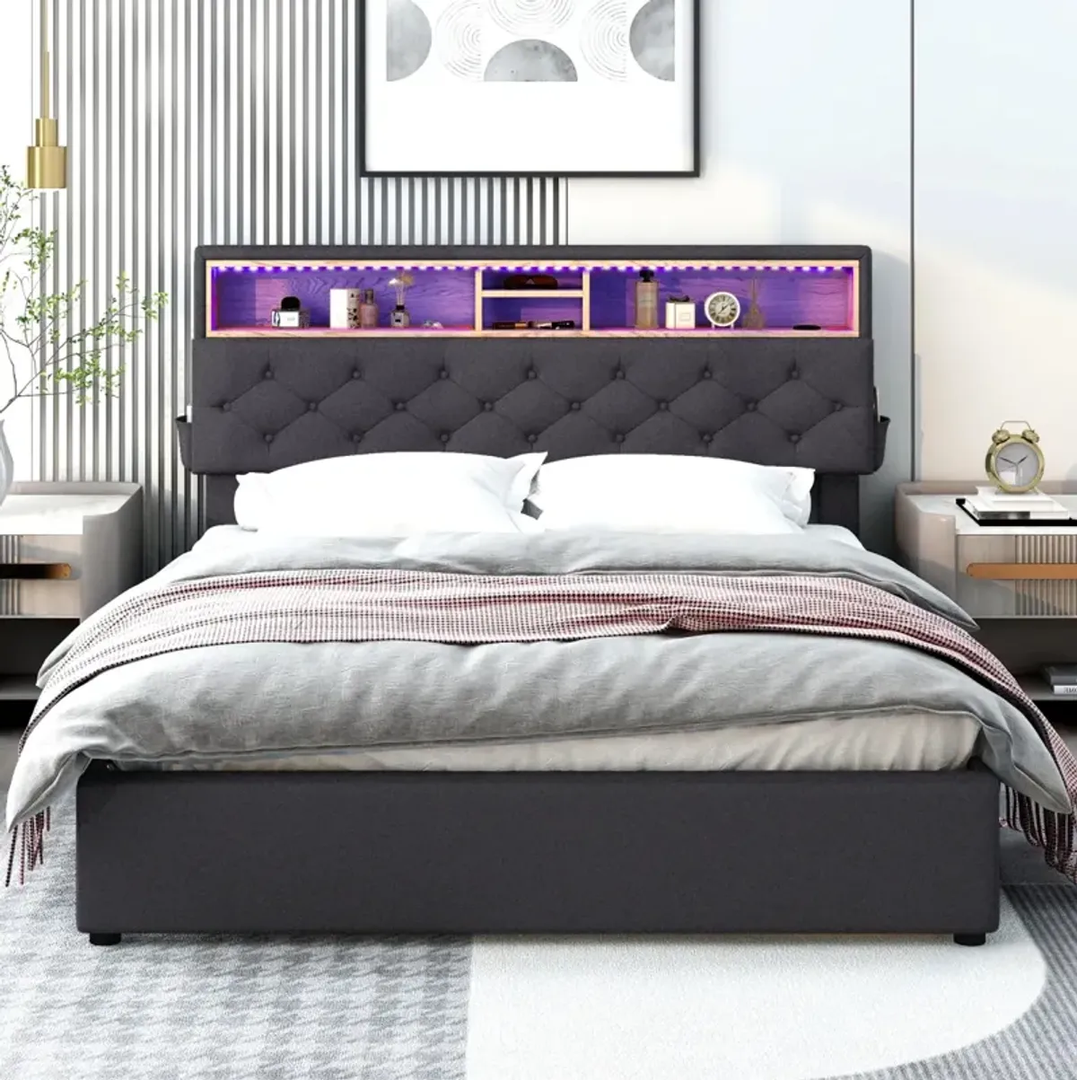 Queen Size Upholstered Platform Bed With Storage Headboard, Led, USB Charging And 2 Drawers