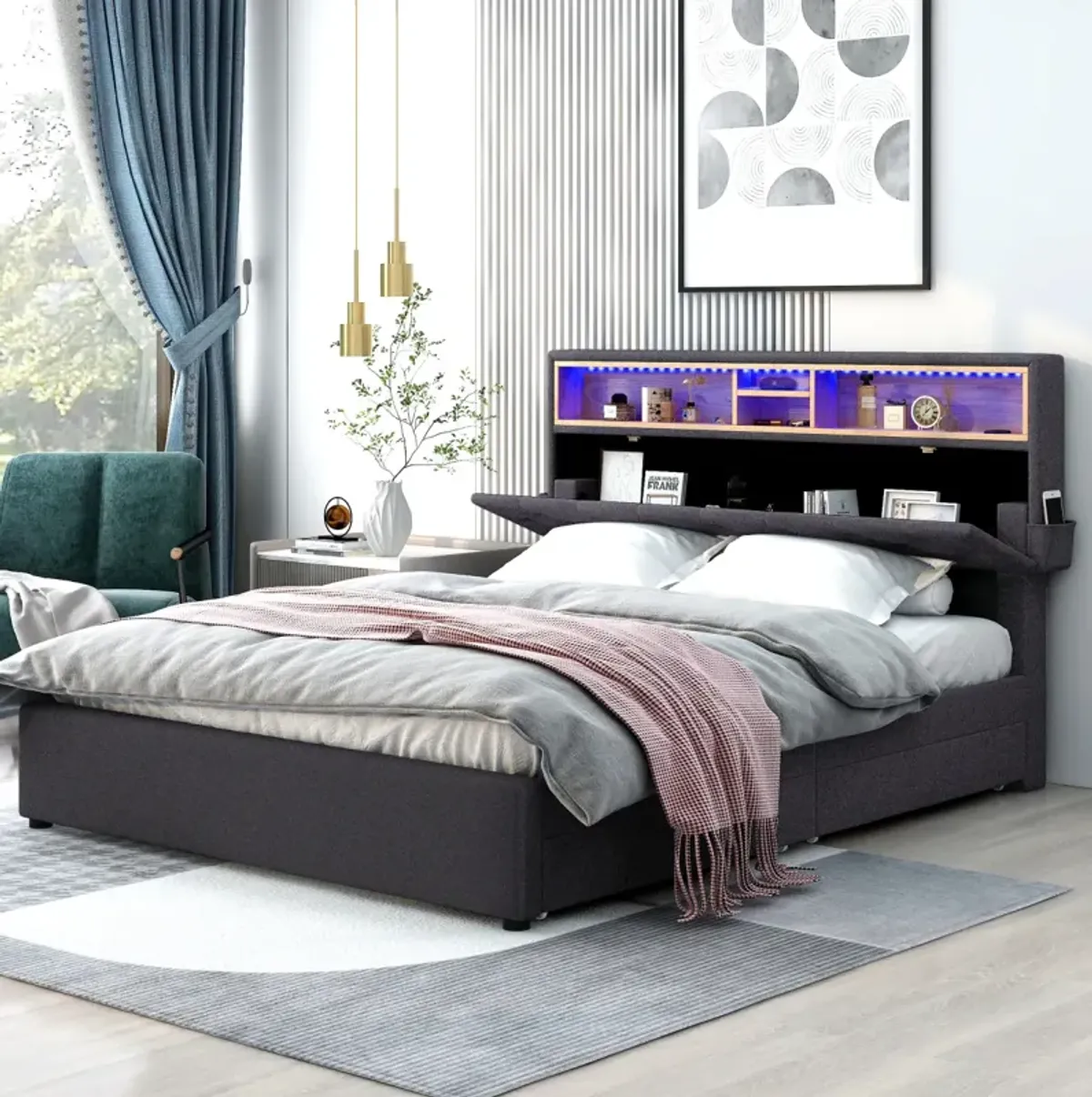 Queen Size Upholstered Platform Bed With Storage Headboard, Led, USB Charging And 2 Drawers