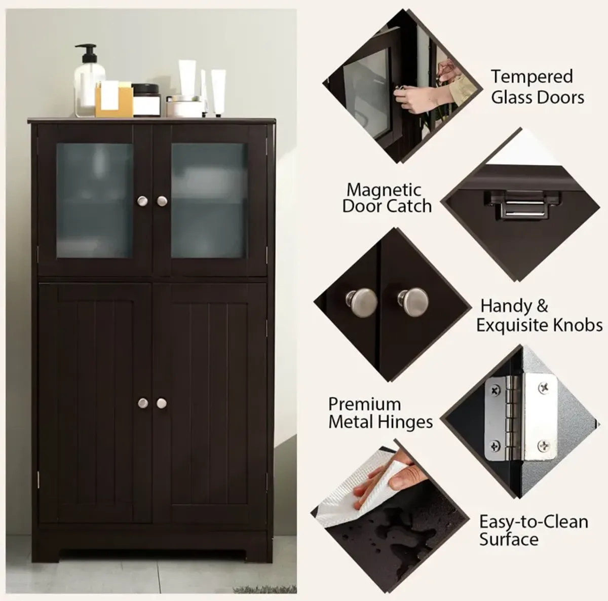 Bathroom Floor Storage Locker Kitchen Cabinet with Doors and Adjustable Shelf