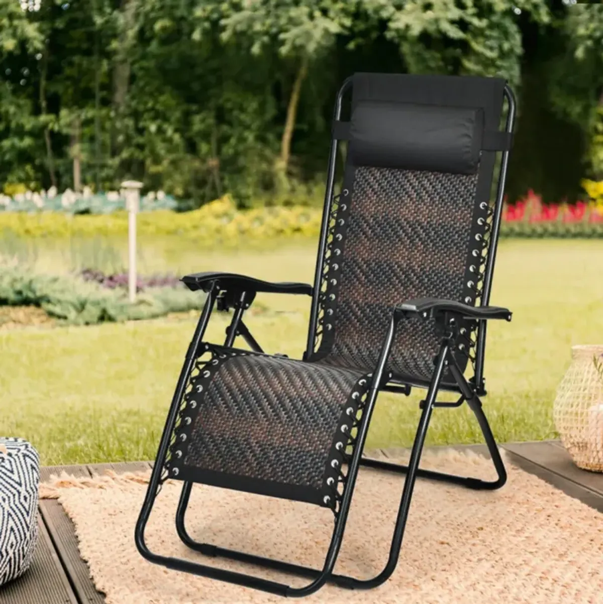 Hivvago Folding Rattan Zero Gravity Lounge Chair with Removable Head Pillow