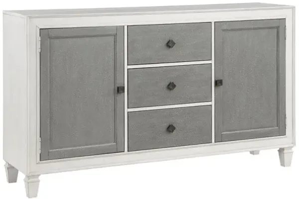 Kate 70 Inch Sideboard Server Console, 3 Drawers, 2 Cabinets, Gray, White - Benzara