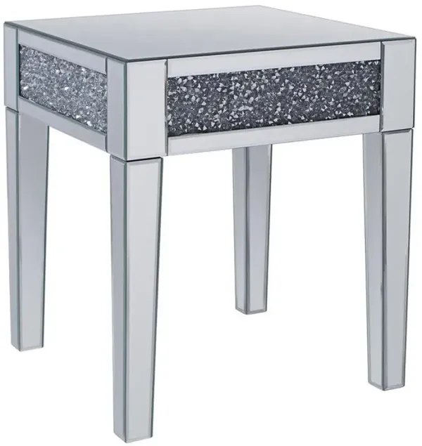Wood and Mirror End Table with Faux Crystals Inlay, Clear- Benzara