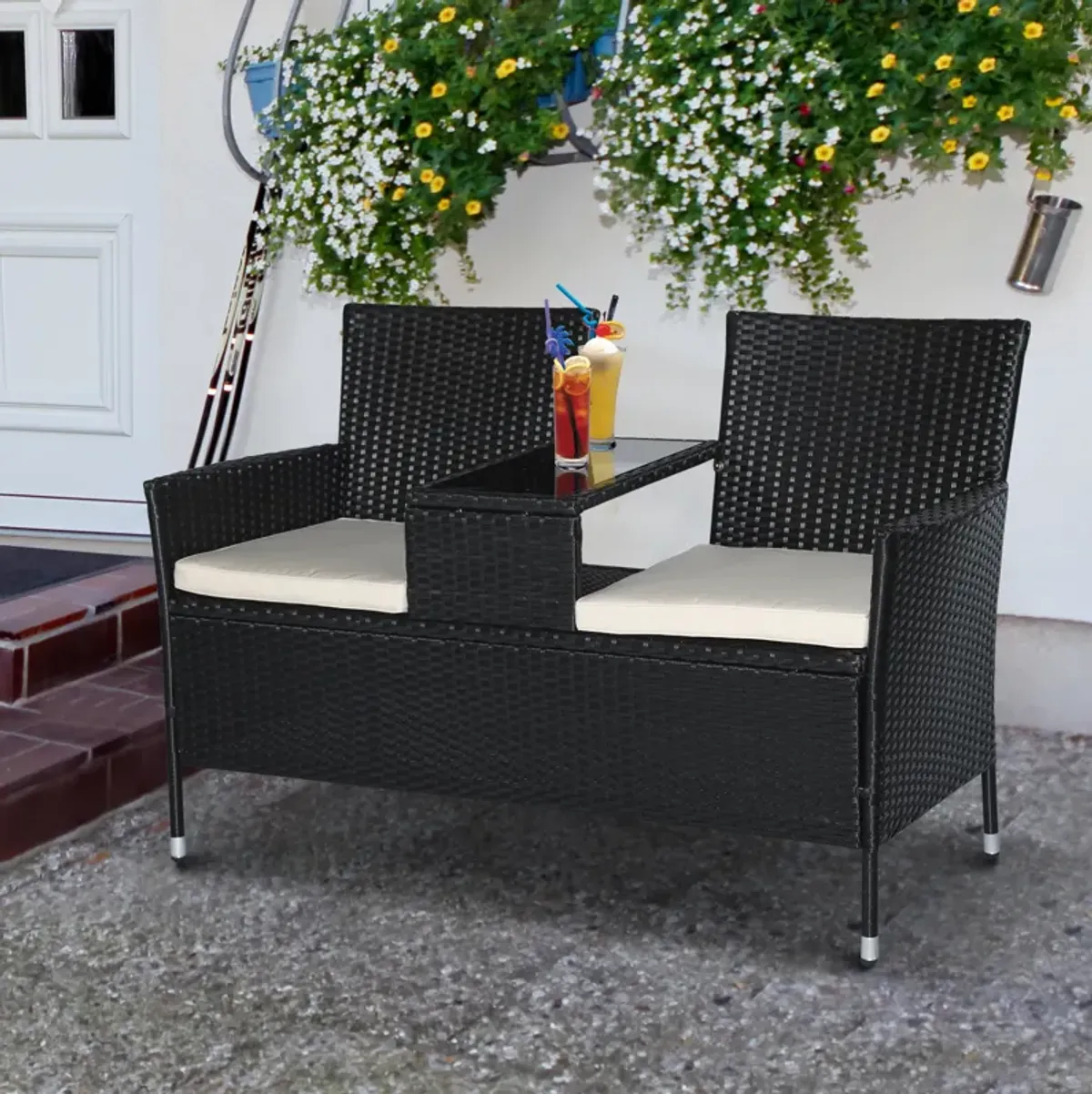 Outsunny Outdoor Patio Loveseat Conversation Furniture Set, Cushions & Built-in Coffee Table, Small 2-in-1 2 Person Seating for Front Porch, Balcony, Black