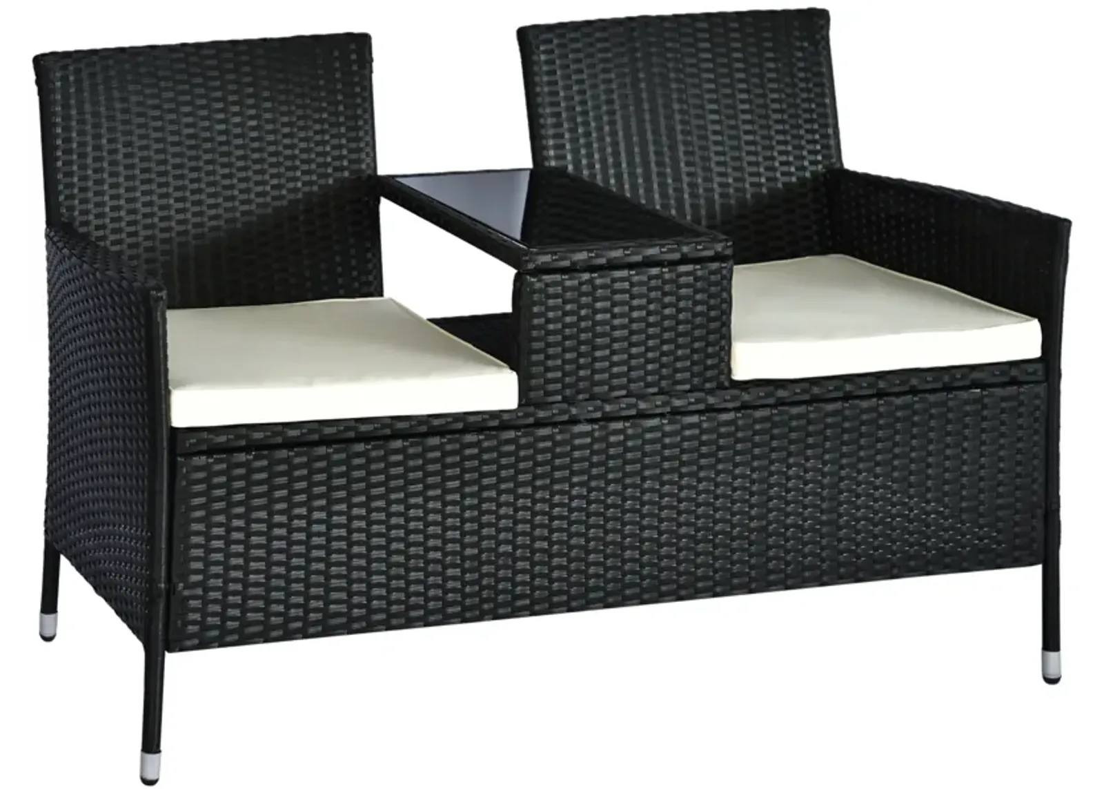 Outsunny Outdoor Patio Loveseat Conversation Furniture Set, Cushions & Built-in Coffee Table, Small 2-in-1 2 Person Seating for Front Porch, Balcony, Black