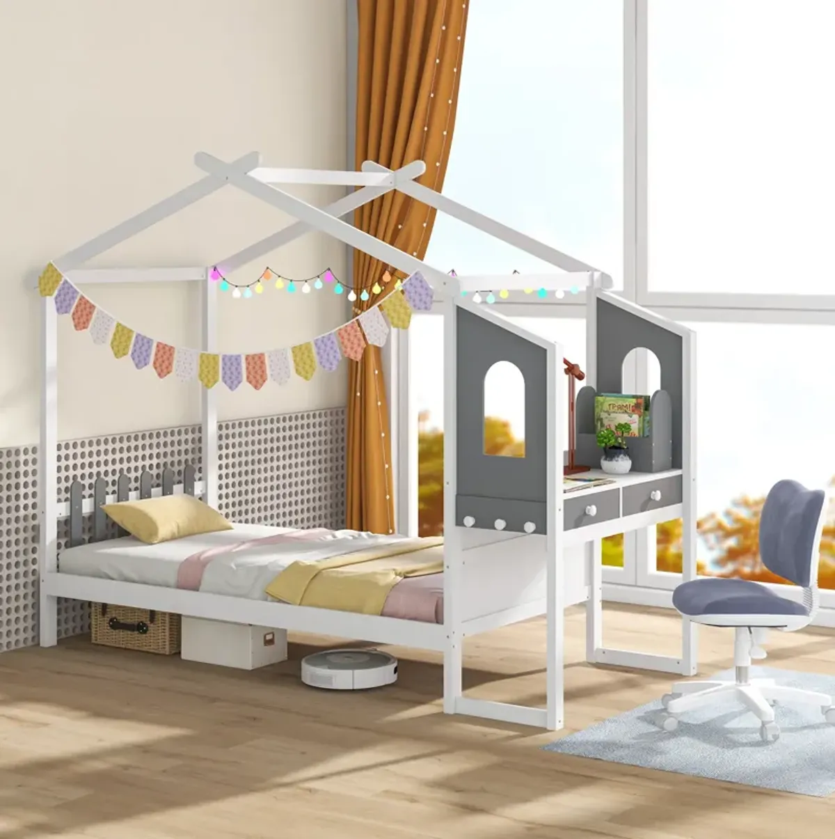 Kids Bed Frame with House Roof Canopy and Fence – Playful and Cozy Design