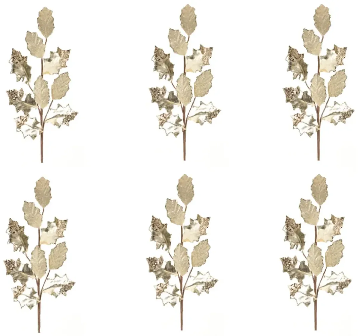 Set of 6 Glittered Holly Leaf Sprays - Elegant Holiday Decoration Accents