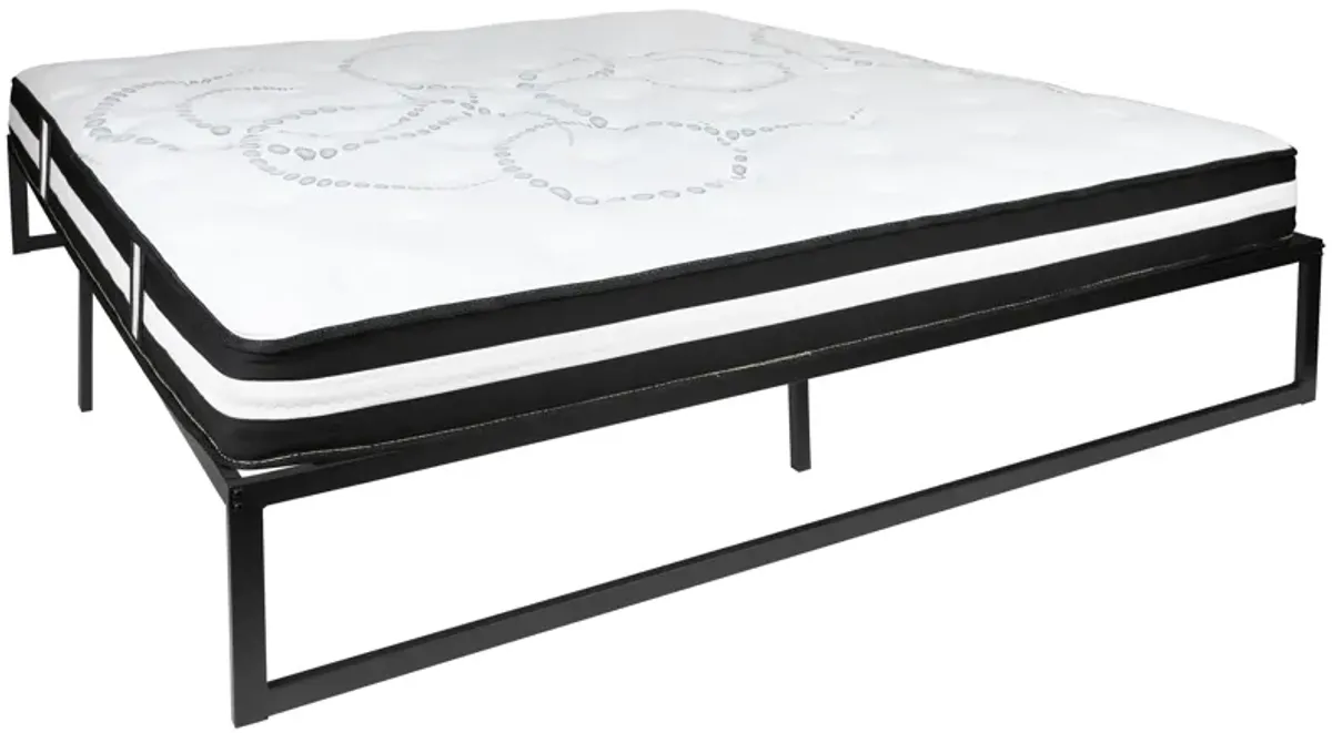 Louis 14 Inch Metal Platform Bed Frame with 12 Inch Pocket Spring Mattress in a Box (No Box Spring Required) - King