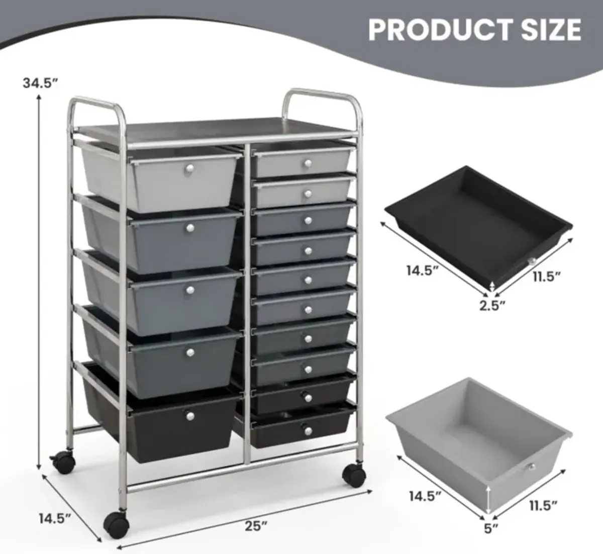 Hivvago 15-Drawer Utility Rolling Organizer Cart Multi-Use Storage