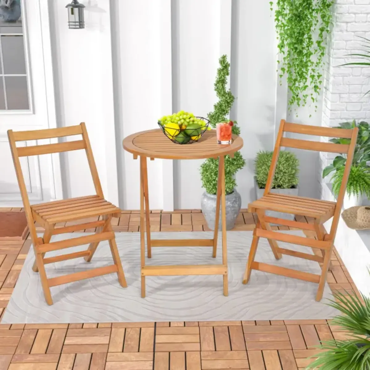 Hivvago 3 Pieces Folding Patio Bistro Set with Slatted Tabletop