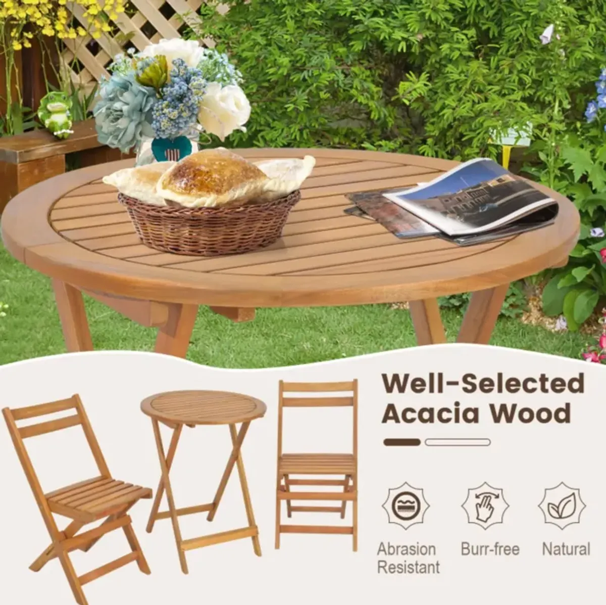 Hivvago 3 Pieces Folding Patio Bistro Set with Slatted Tabletop