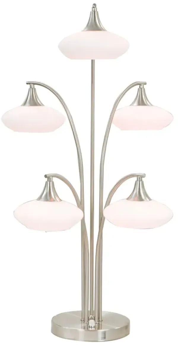 31 Inch Table Lamp, 5 Dome Shape Shades, Glass, Sand Chrome Finished Metal - Benzara
