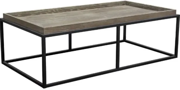 52 Inch Modern Coffee Table, Raised Tray Edges Rustic Oak Brown, Black - Benzara