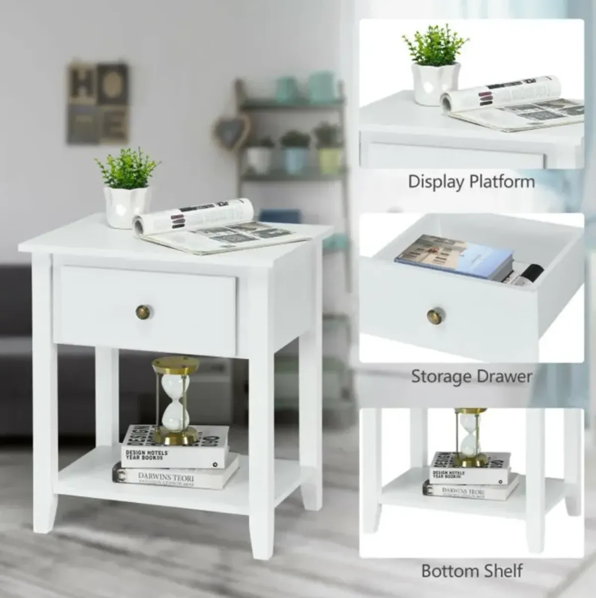 Hivvago Nightstand with Drawer and Storage Shelf for Bedroom Living Room