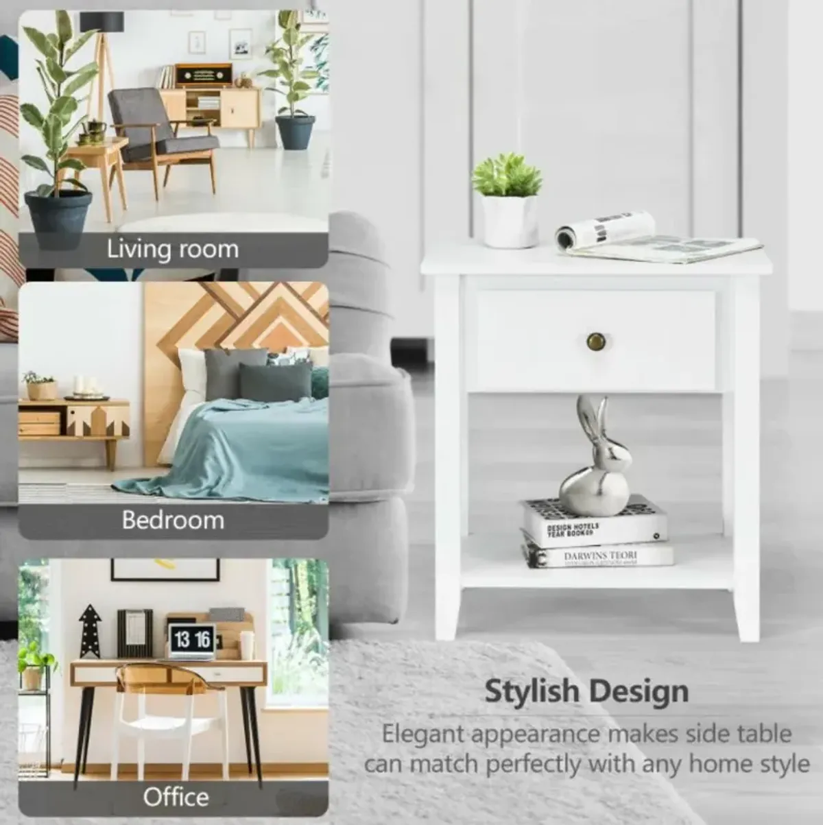 Hivvago Nightstand with Drawer and Storage Shelf for Bedroom Living Room