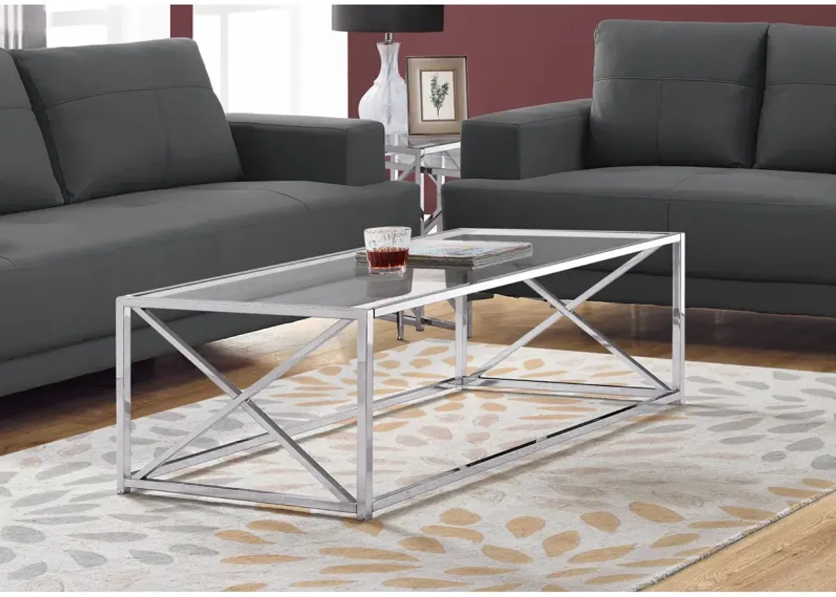 Monarch Specialties I 3440 Coffee Table, Accent, Cocktail, Rectangular, Living Room, 44"L, Metal, Tempered Glass, Chrome, Clear, Contemporary, Modern