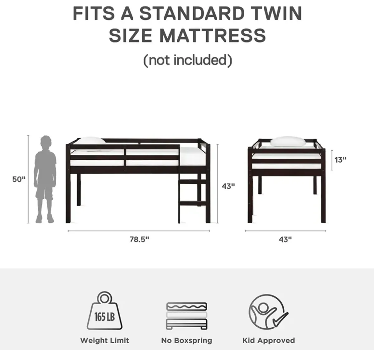 Atwater Living Ashe Junior Wooden Loft Bed, Twin, Espresso